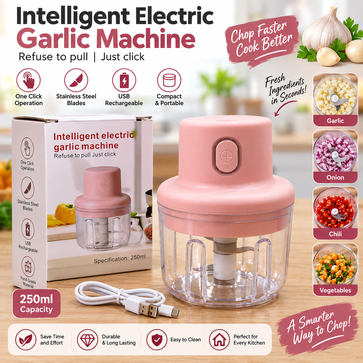 250ml Electric Garlic Chopper – USB Rechargeable & One-Touch