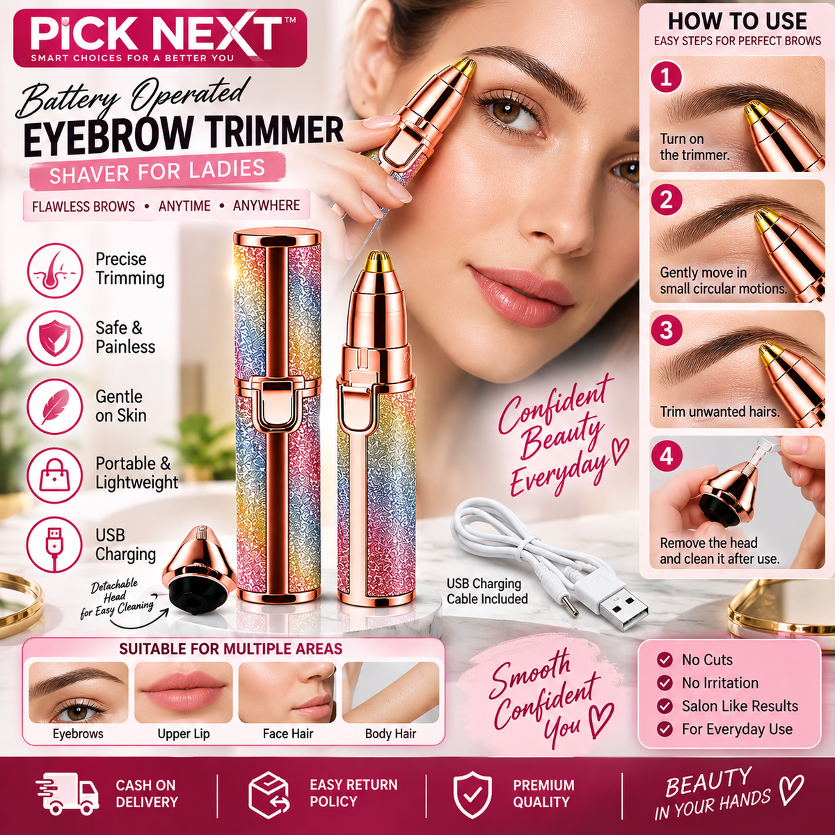Eyebrow Trimmer & Facial Hair Remover – USB Rechargeable Shaver for Women