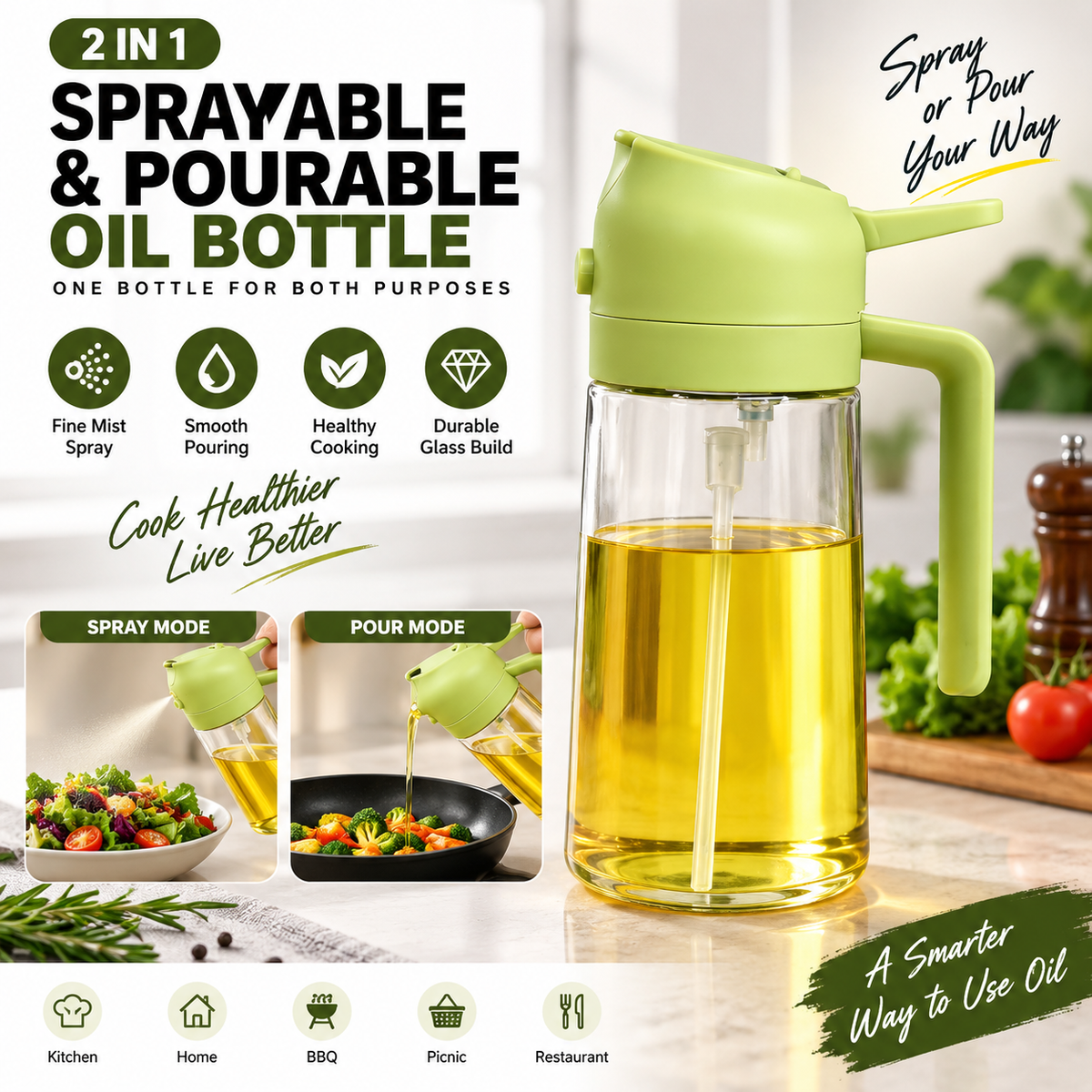 Spray & Pour Oil Bottle – Multipurpose Glass Cooking Oil Dispenser with Fine Mist Sprayer