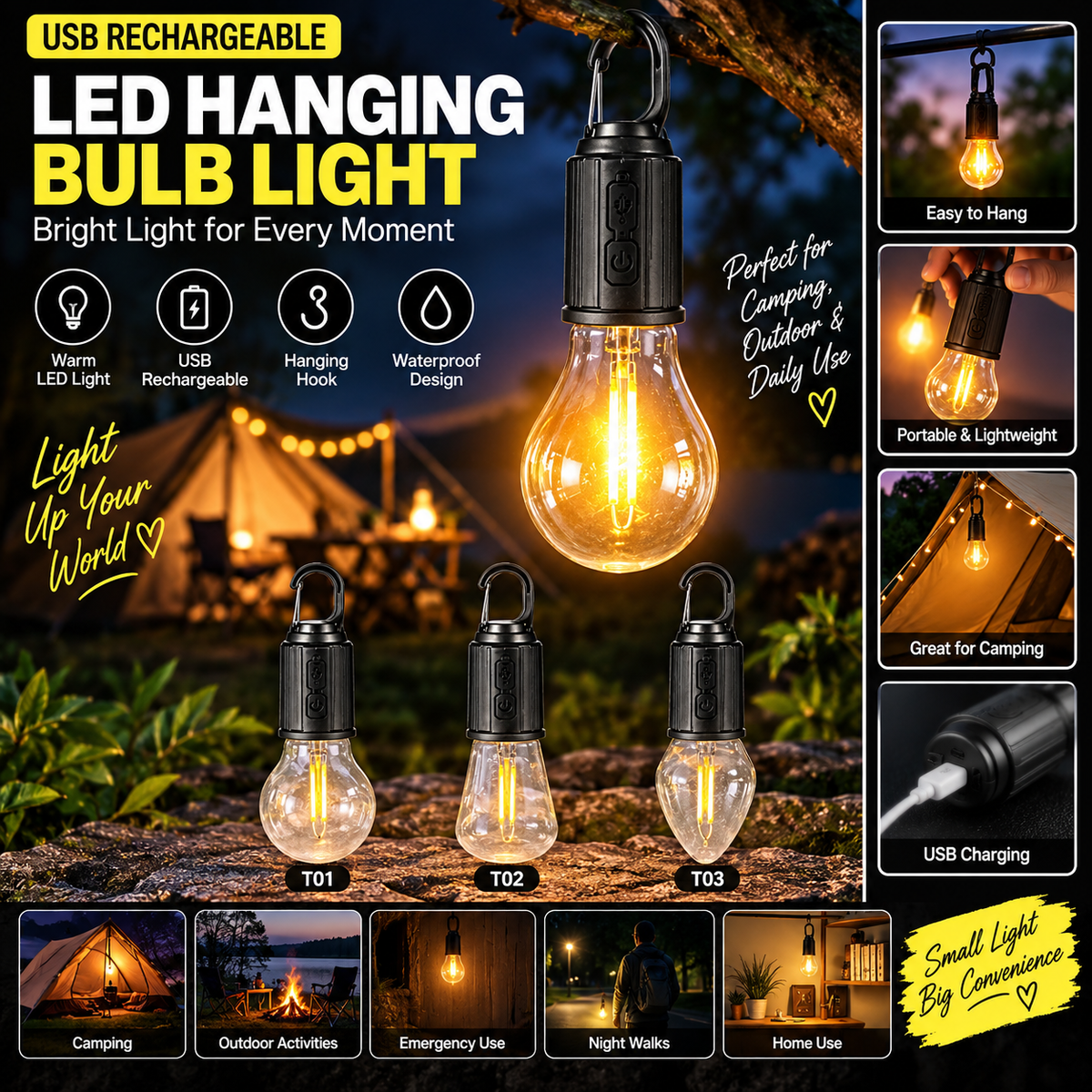 USB Rechargeable Hanging LED Bulb Light