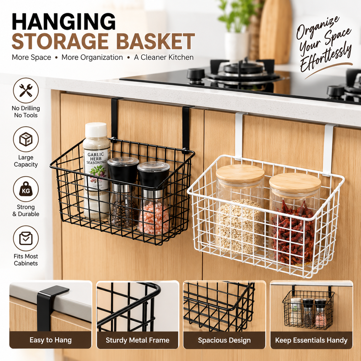Hanging Storage Basket – Space-Saving Over Cabinet Organizer for Kitchen, Bathroom & Home