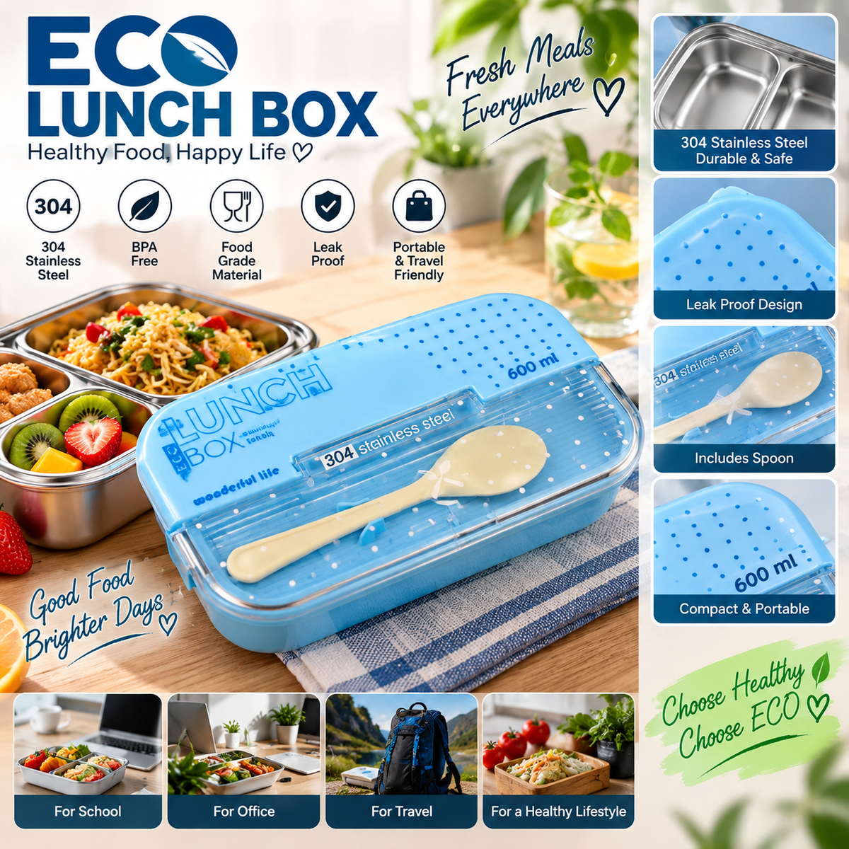 600ml Stainless Steel Lunch Box