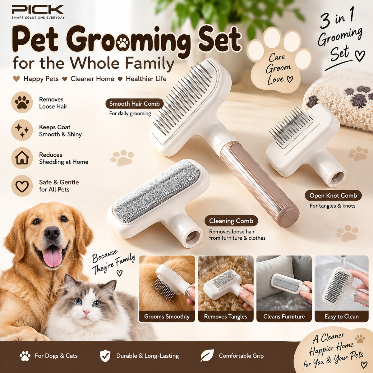 Pet Grooming Set – Dog & Cat Hair Removal, Detangling & Cleaning Brushes