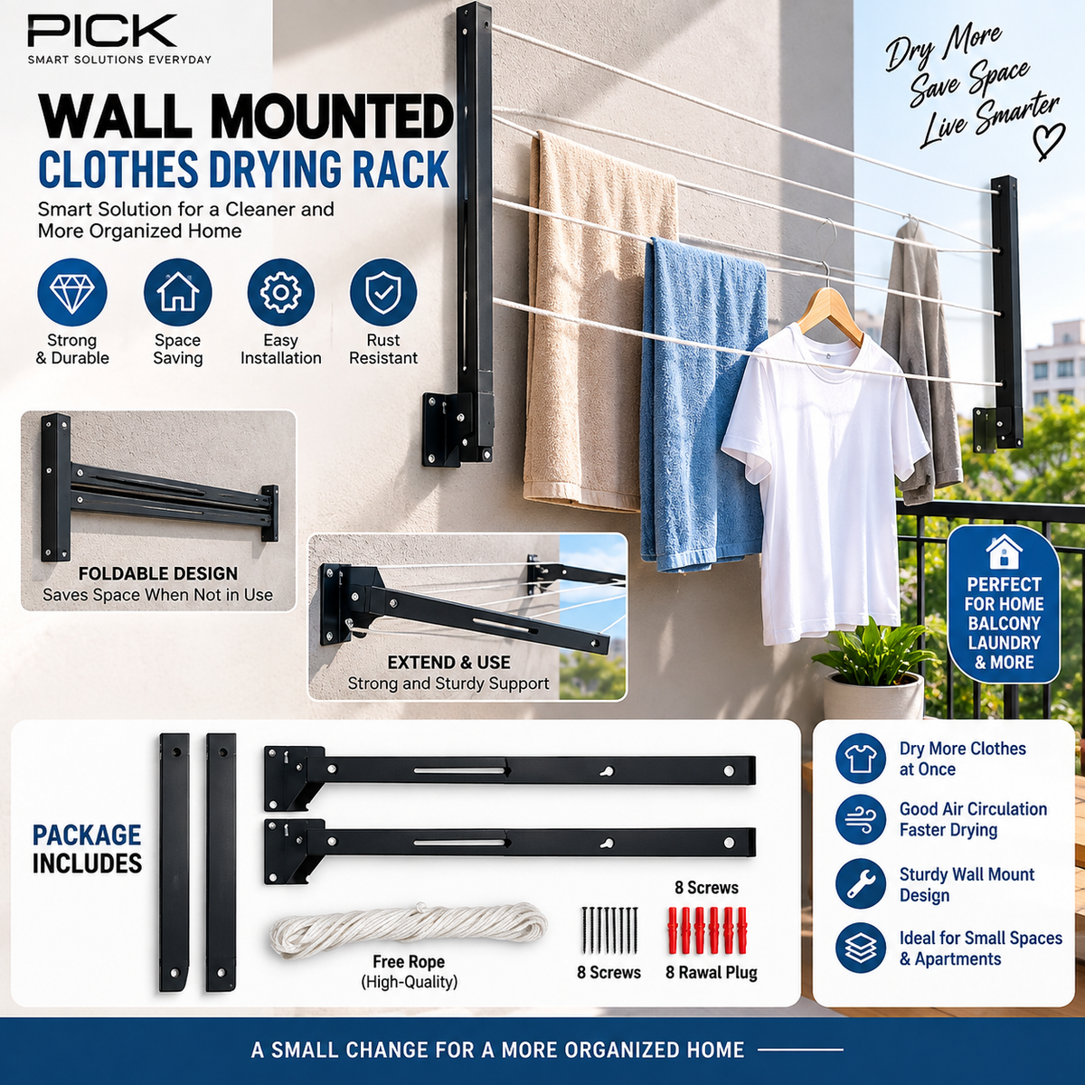 Wall-Mounted Clothes Drying Rack – Foldable Space-Saving Laundry Hanger with Free Rope
