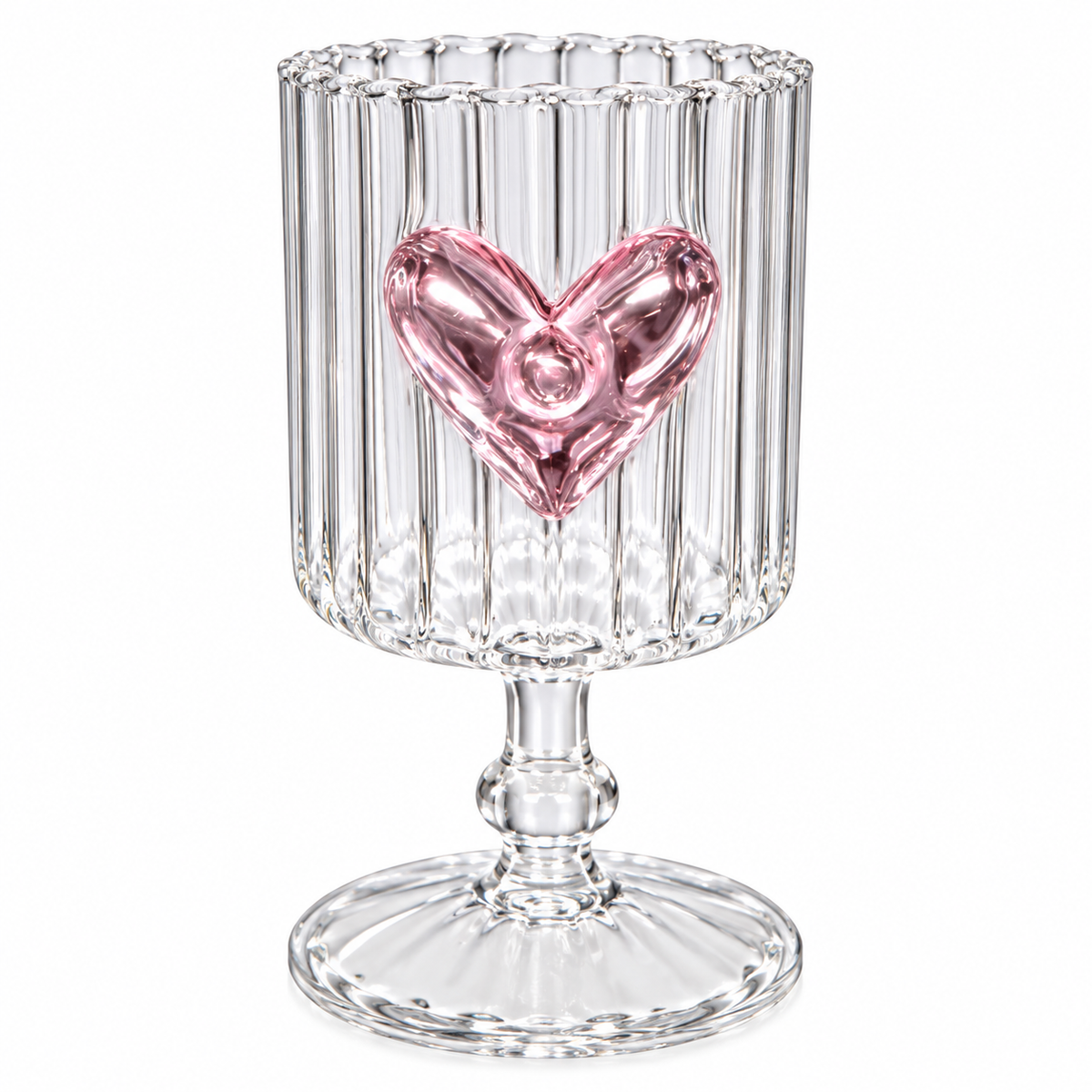 Elegant Ribbed Glass Goblet – Premium Heart Design Drinking Cup