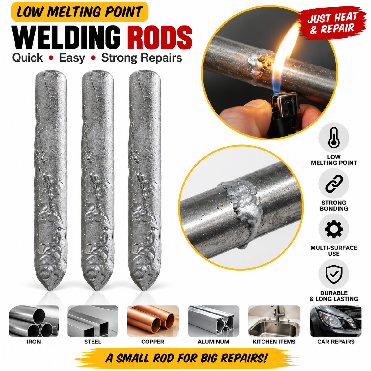 Universal Welding Rods – Low Melting Point Metal Repair Rods for Strong & Durable Bonding
