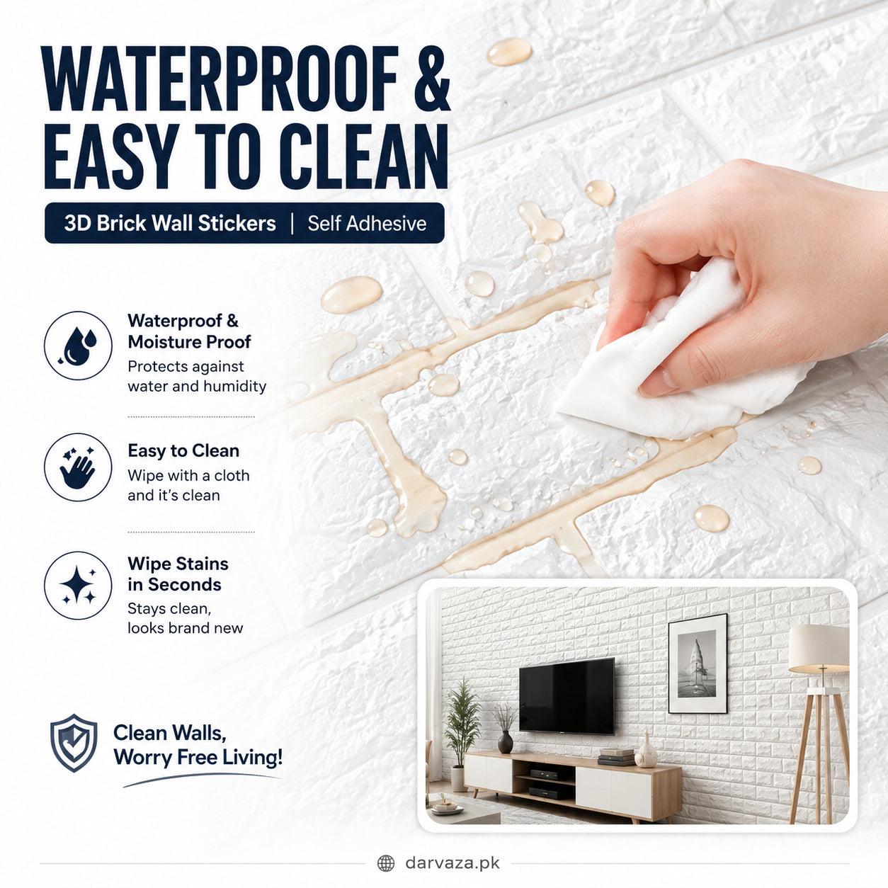 Waterproof White Brick Self Adhesive Wall Sticker Home Decor Vinyl Tile