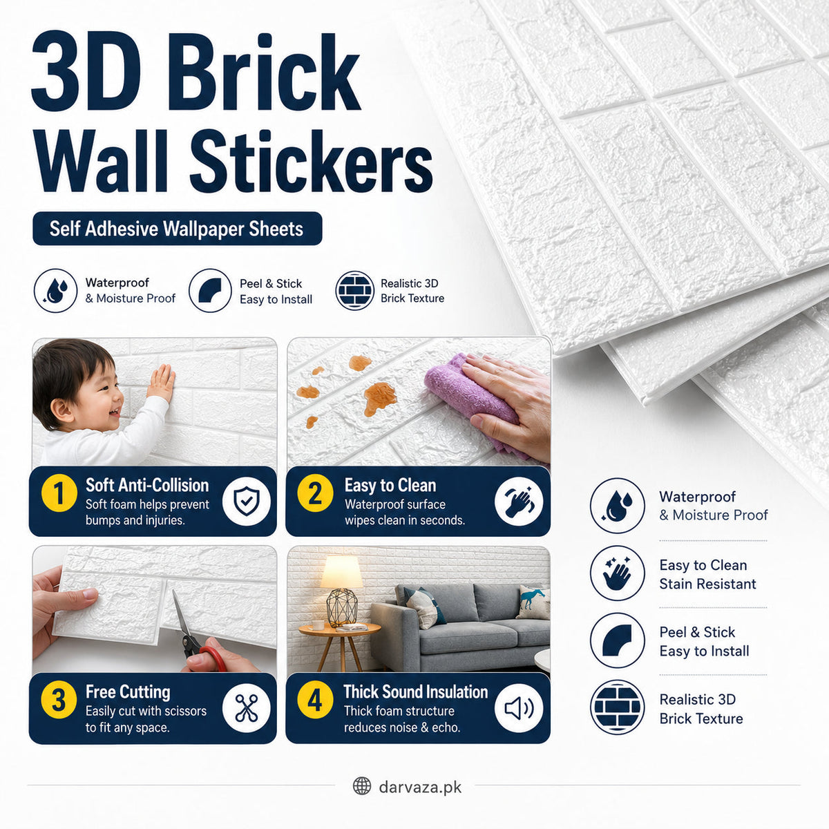 Waterproof White Brick Self Adhesive Wall Sticker Home Decor Vinyl Tile