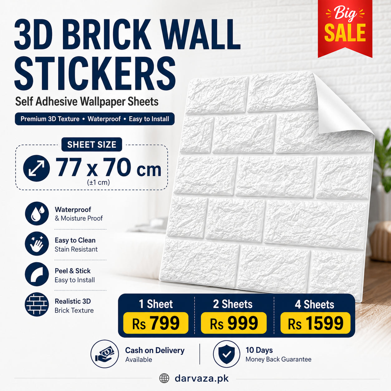 Waterproof White Brick Self Adhesive Wall Sticker Home Decor Vinyl Tile