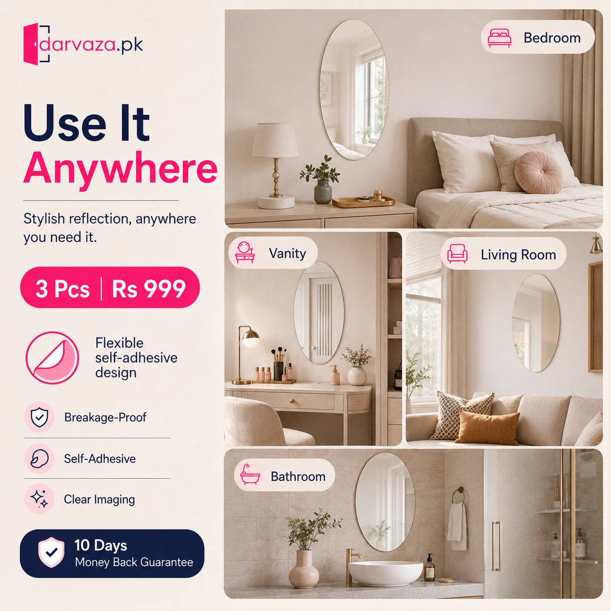 Pack of 3 Flexible Self-Adhesive Oval Shape Mirror Stickers (3 Pcs)