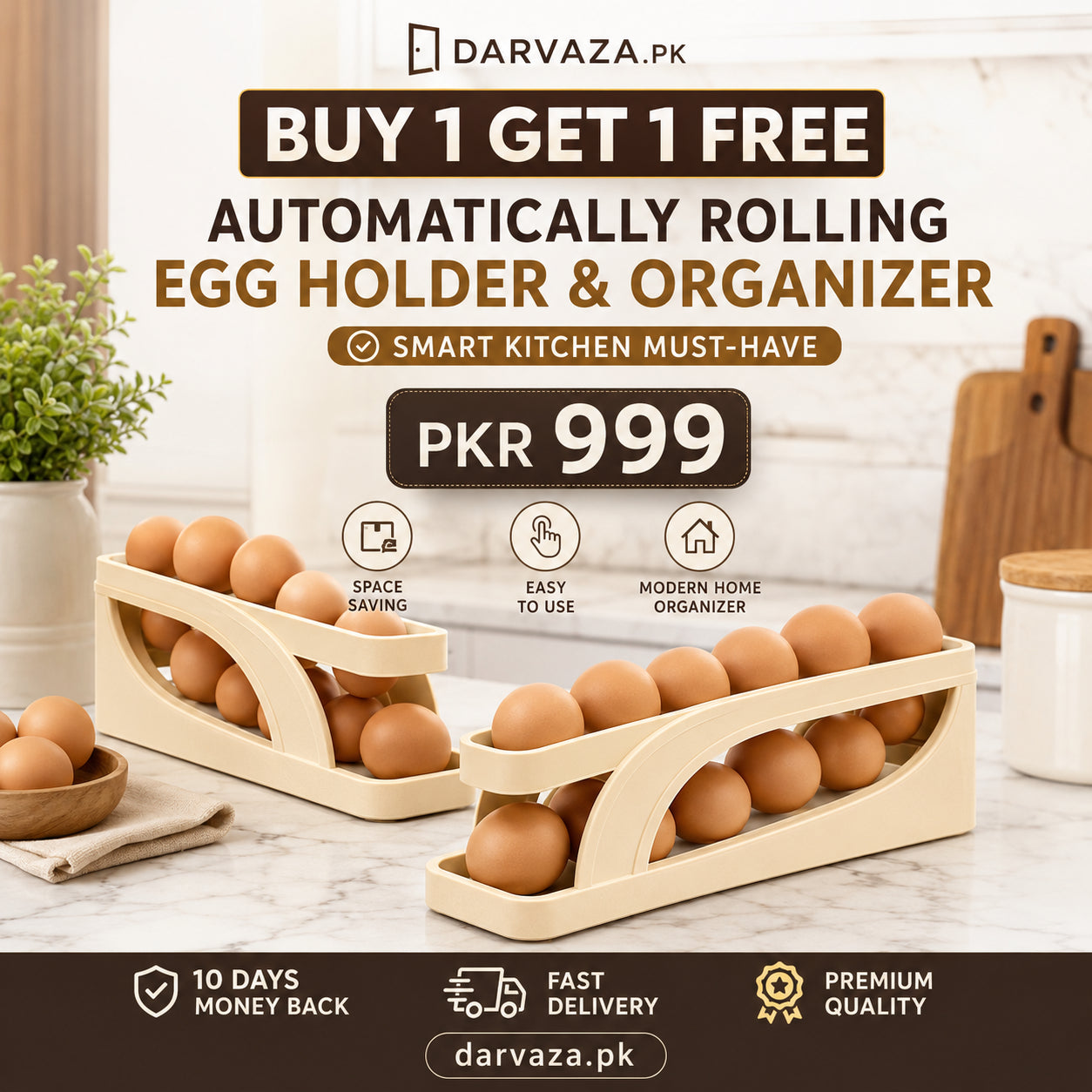 Egg Holder Dispensers With Automatically Rolling and Space Saving Egg Tray