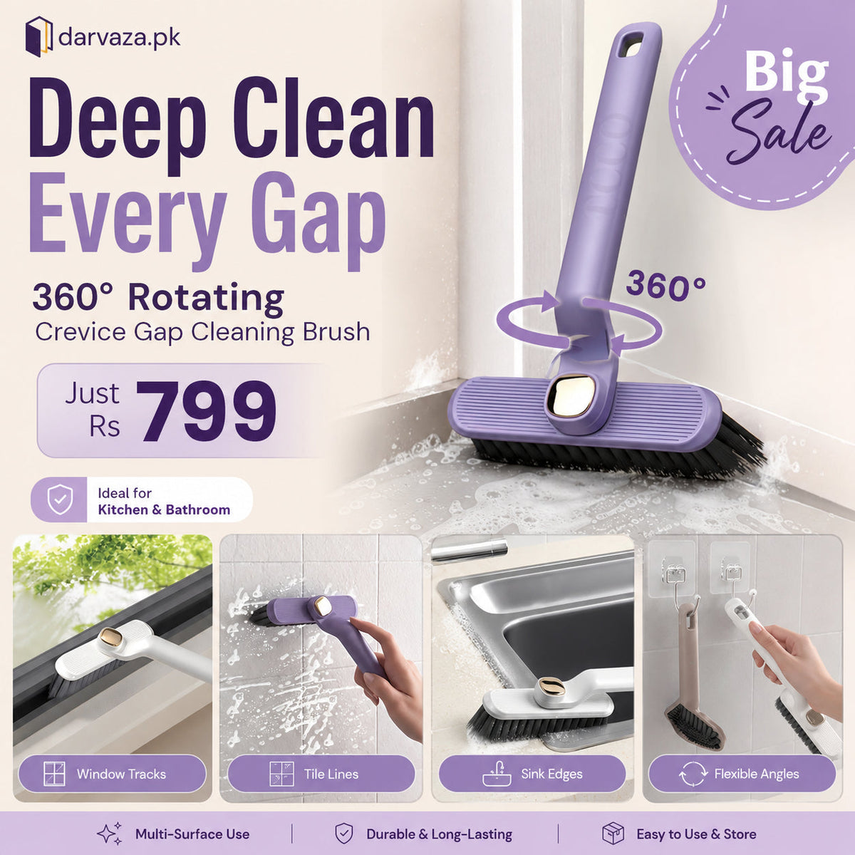 360° Rotating Crevice Gap Cleaning Brush with Cleaning Tool
