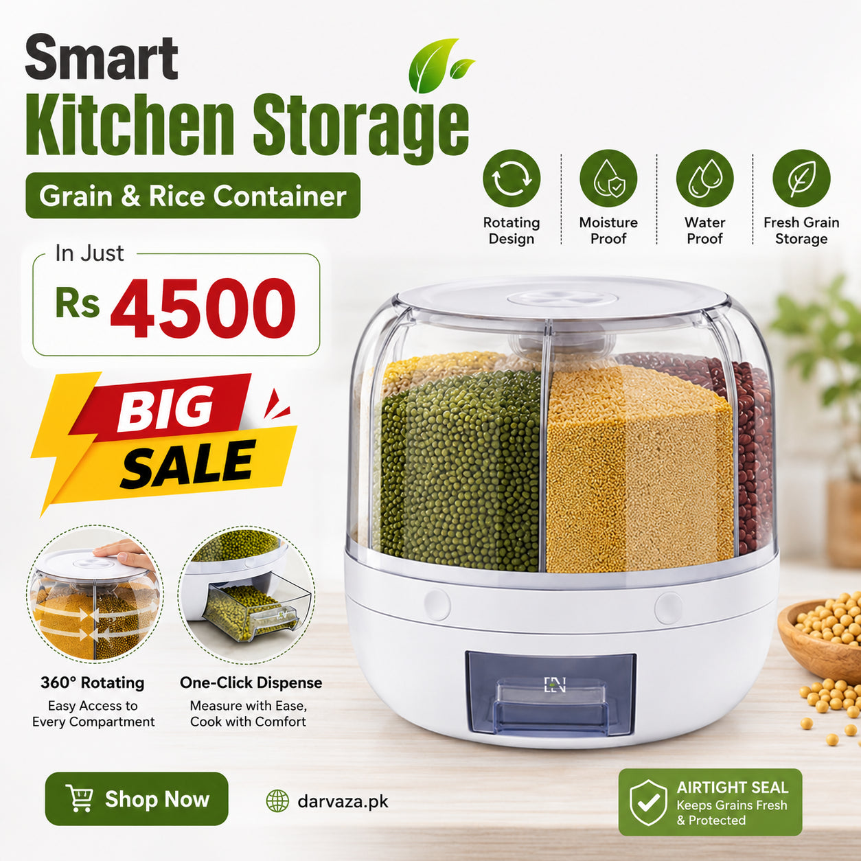6 Grid Rotating Airtight Grain and Rice Container