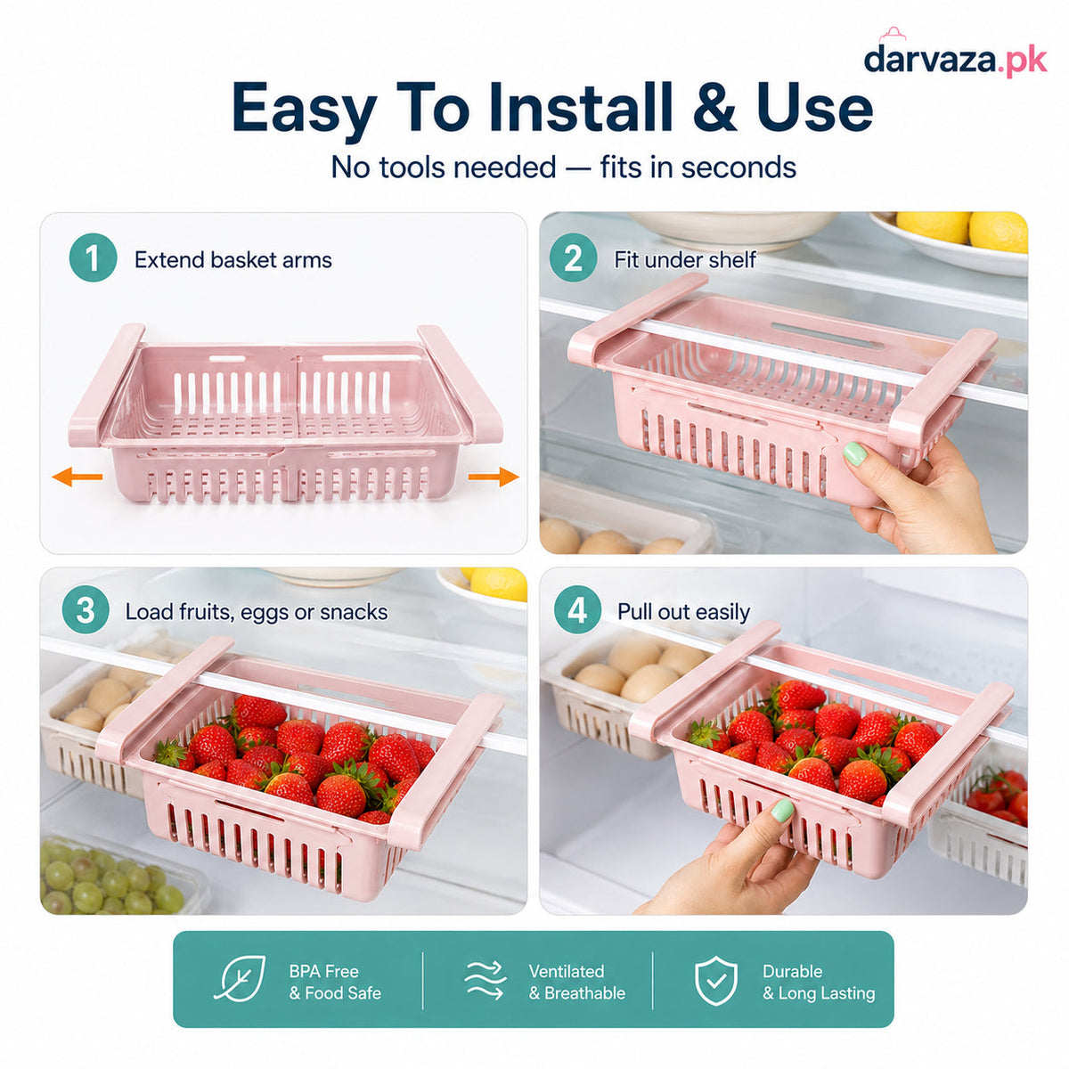 Buy 1 Get 1 Free – Adjustable Stretchable Fridge Storage Basket Racks Pack of 2