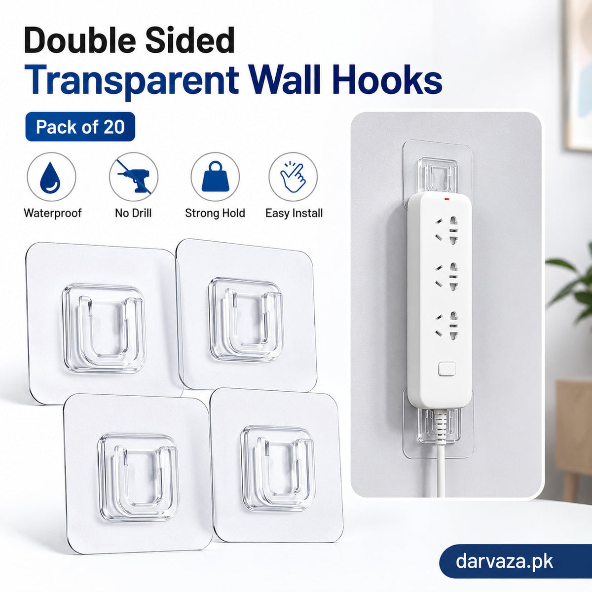 (Pack of 20) Double Sided Transparent Waterproof Self Adhesive Wall Hooks For Storage Organizer