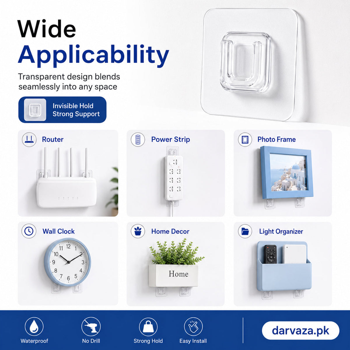 (Pack of 20) Double Sided Transparent Waterproof Self Adhesive Wall Hooks For Storage Organizer