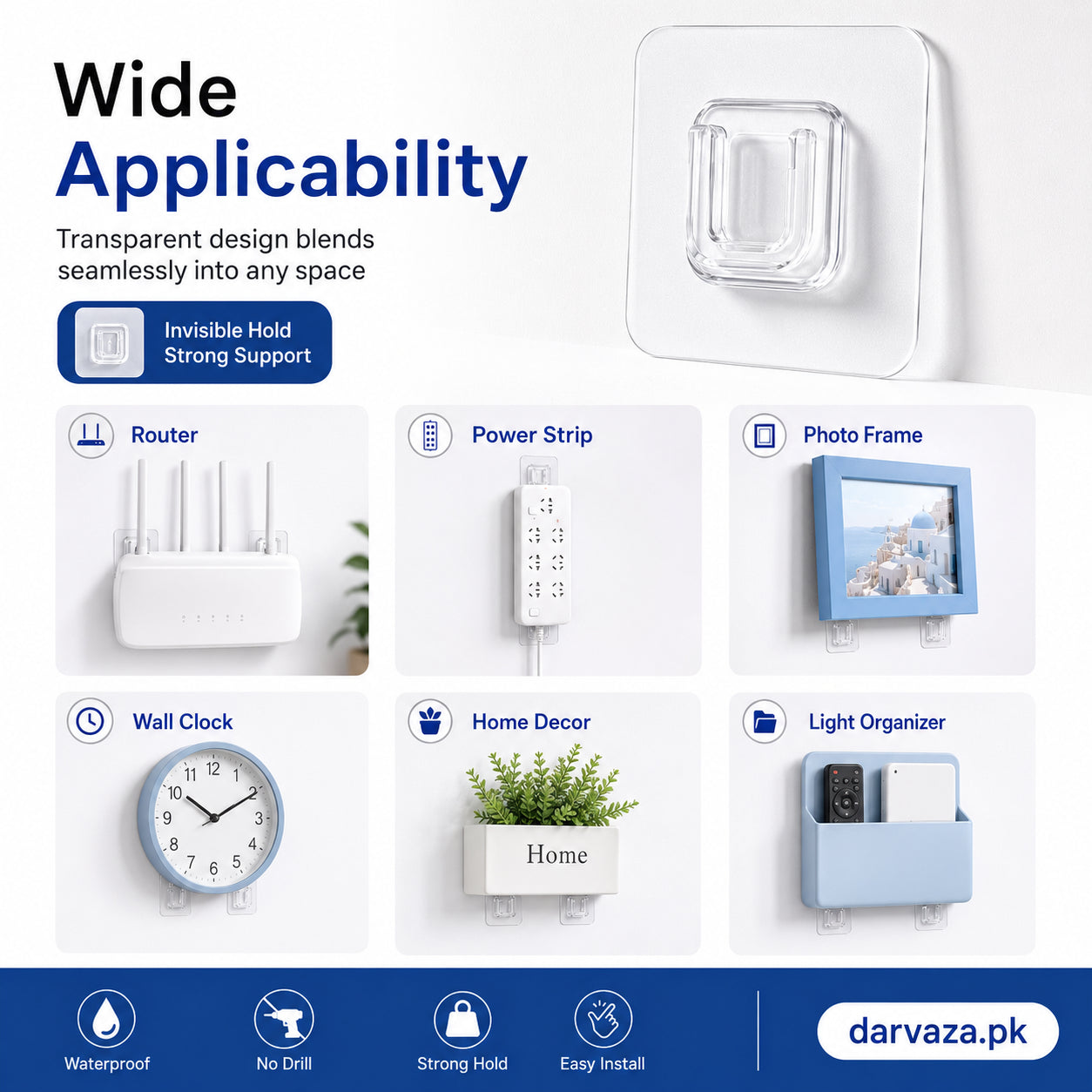 (Pack of 20) Double Sided Transparent Waterproof Self Adhesive Wall Hooks For Storage Organizer