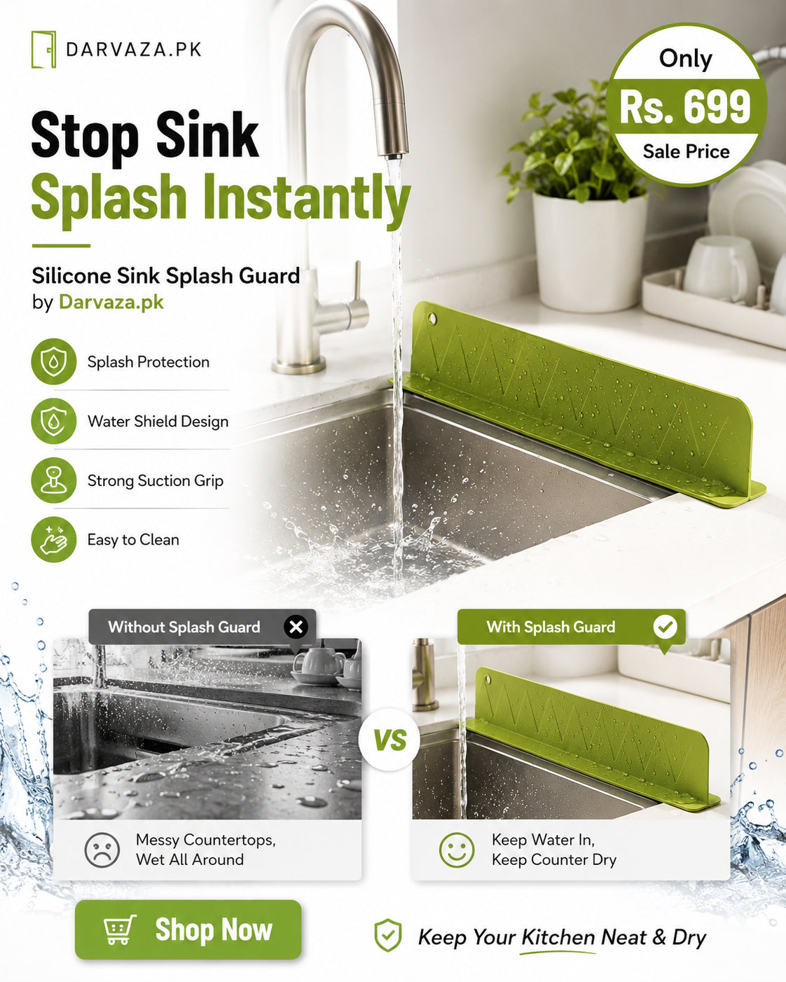 Silicone Sink Splash Guard and Water Sheild with Suction