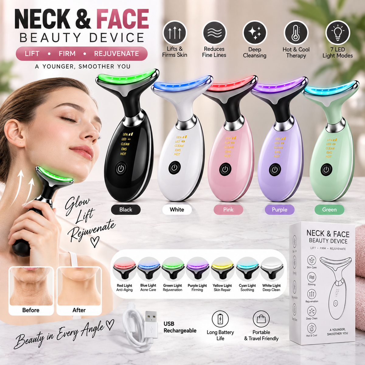 Neck & Face Beauty Device – 7 LED Light Modes