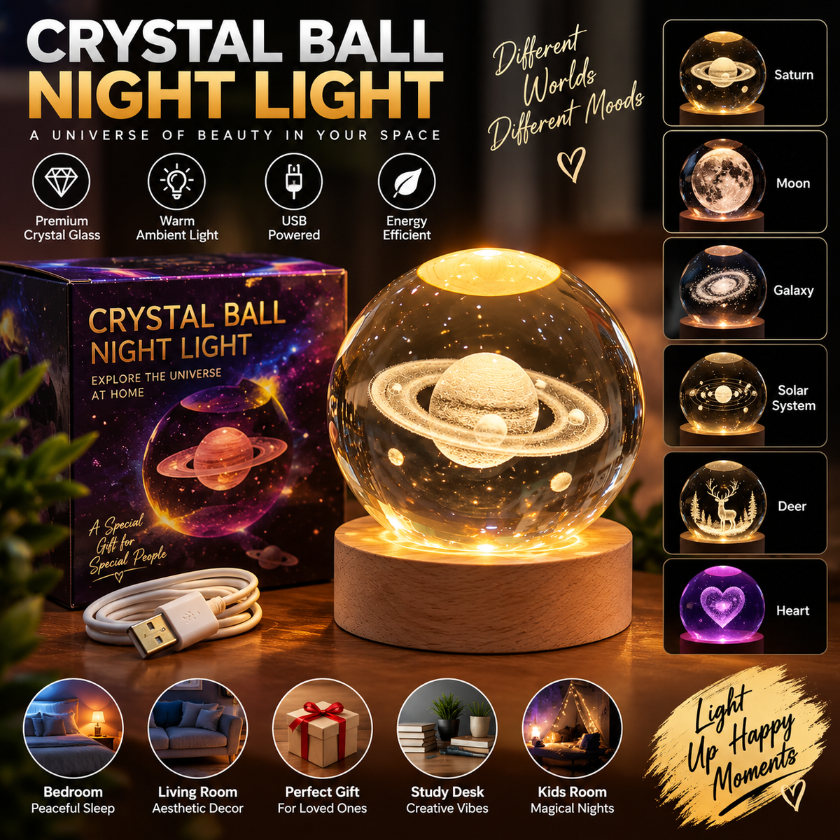 3D galaxy crystal ball night light on wooden base – photo 3