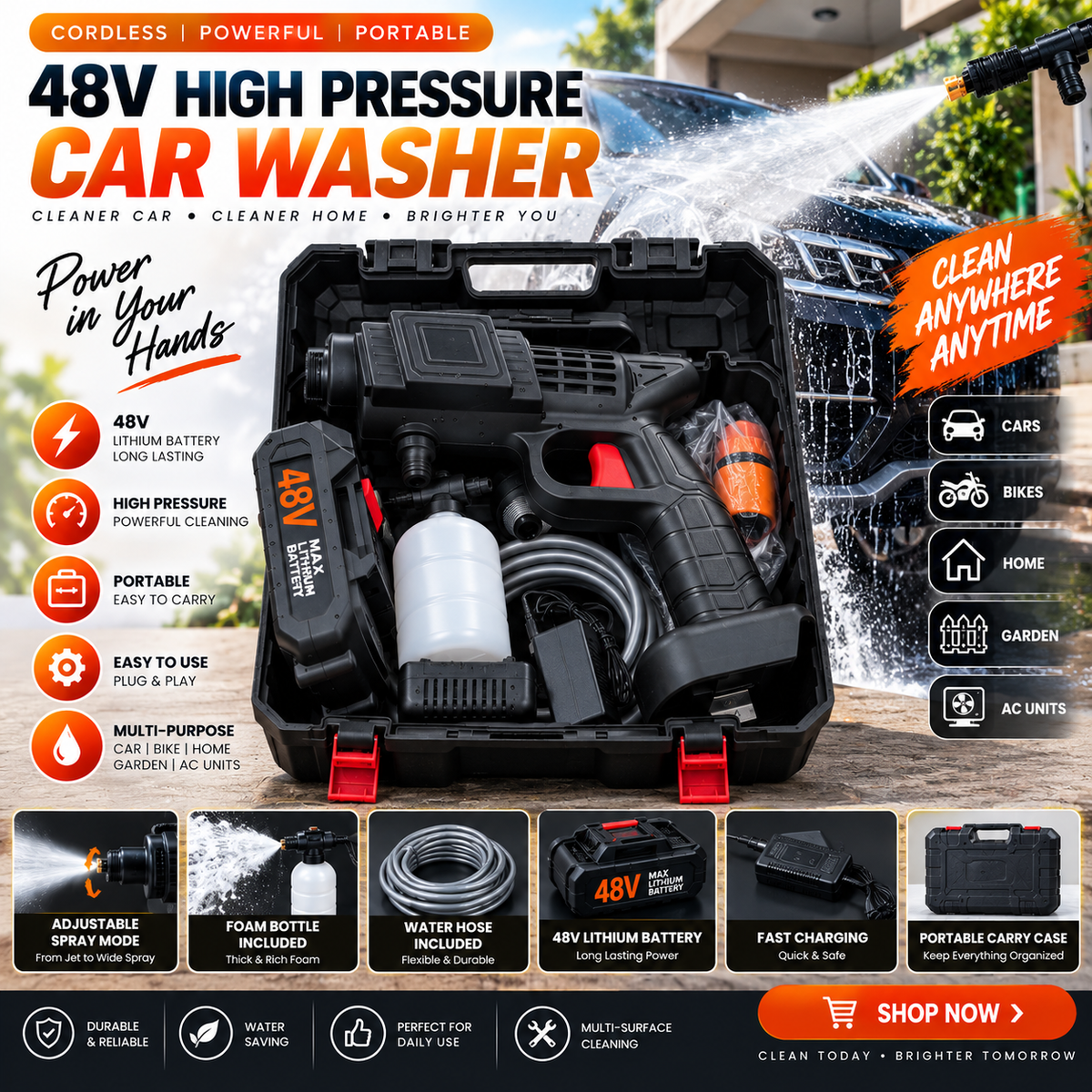 48V High Pressure Cordless Car Washer – Portable Cleaning Kit