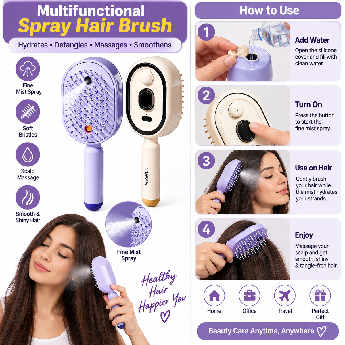 Multifunctional Hair Massage & Mist Brush