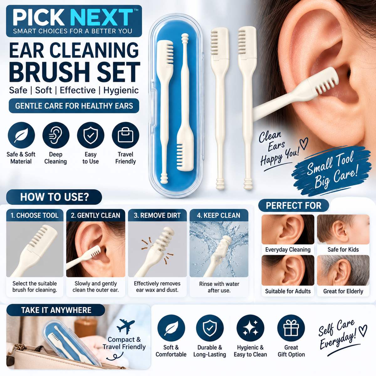 Ear Cleaning Brush Set – Gentle Ear Wax Cleaning Tools with Portable Storage Case