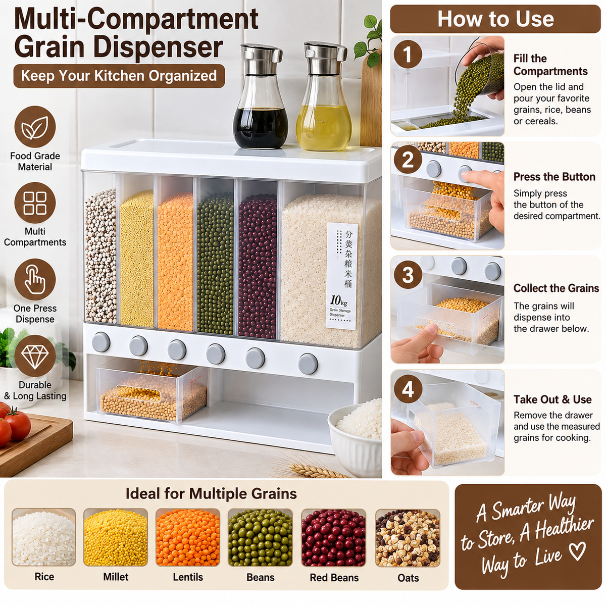 6-Compartment Grain Storage Dispenser