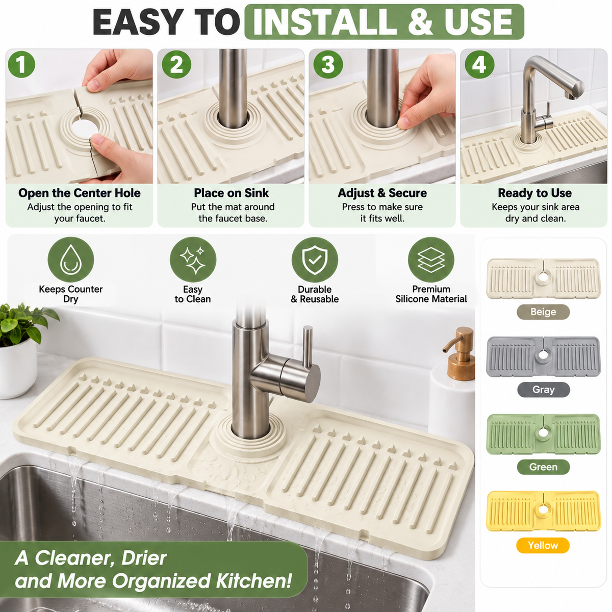 Adjustable sink faucet water draining mat – photo 3