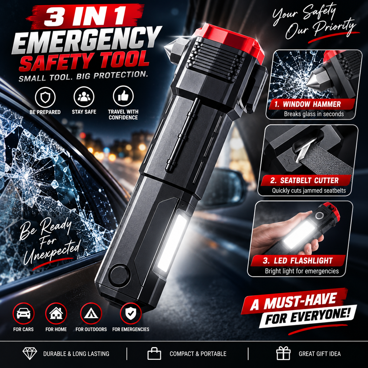 Emergency Safety Tool – Window Breaker, Seatbelt Cutter & LED Flashlight