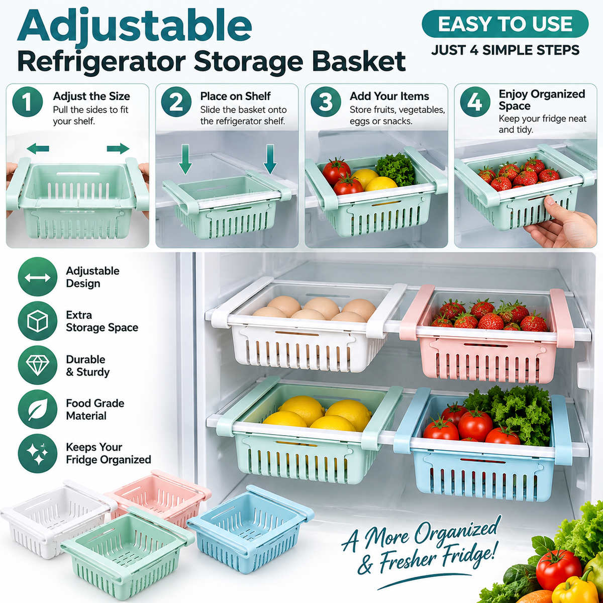 Adjustable Refrigerator Storage Baskets