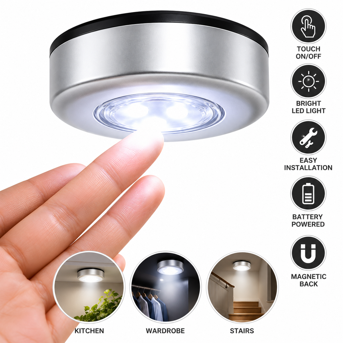 Wireless Touch LED Light – Bright Battery-Powered Cabinet & Under-Counter Lamp