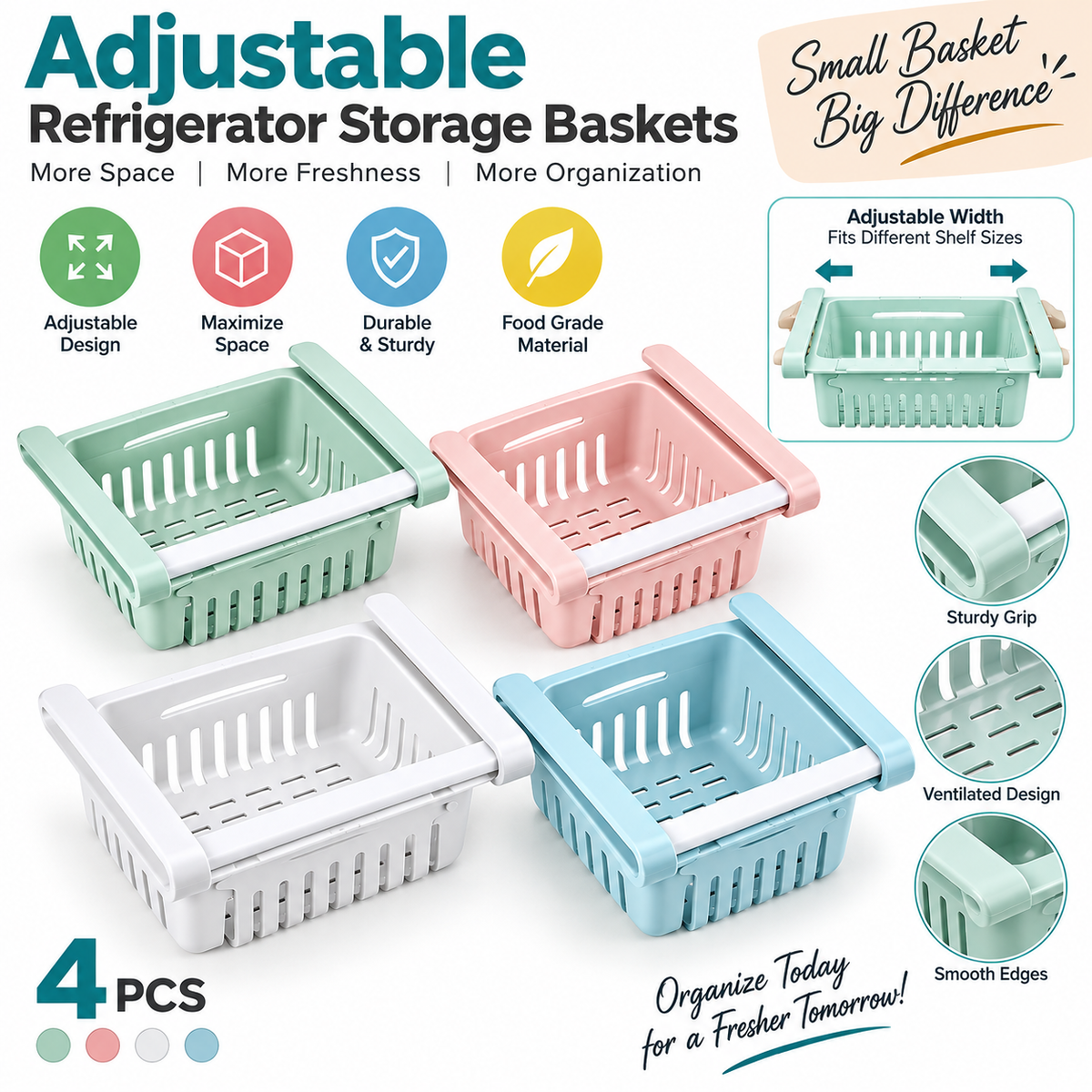 Adjustable Refrigerator Storage Baskets