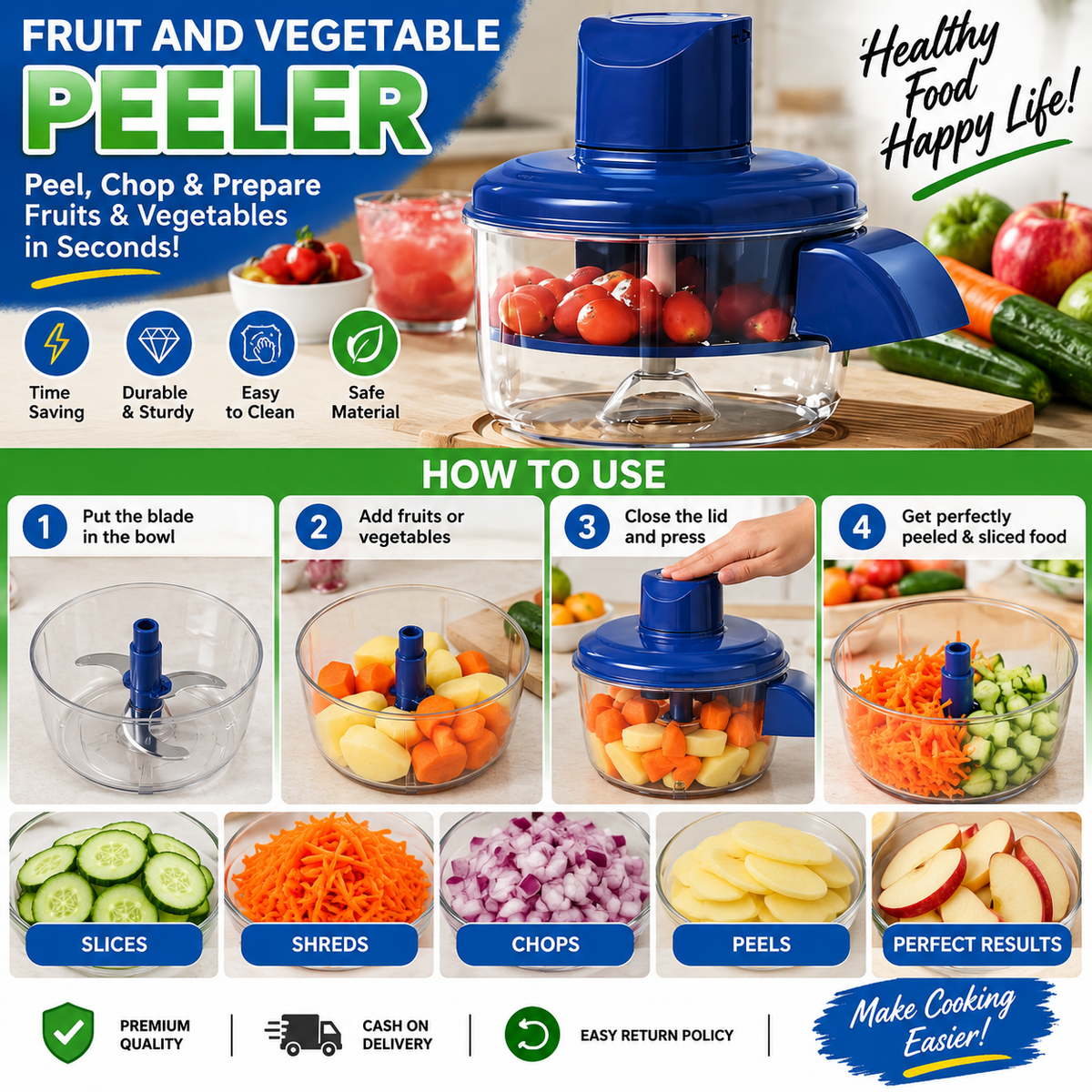 Premium Fruit & Vegetable Peeler – Multi-Functional Manual Chopper, Slicer & Shredder