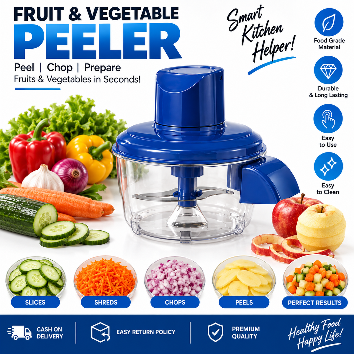 Premium Fruit & Vegetable Peeler – Multi-Functional Manual Chopper, Slicer & Shredder