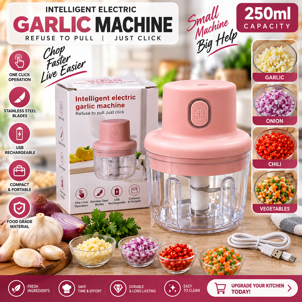 250ml Electric Garlic Chopper – USB Rechargeable & One-Touch