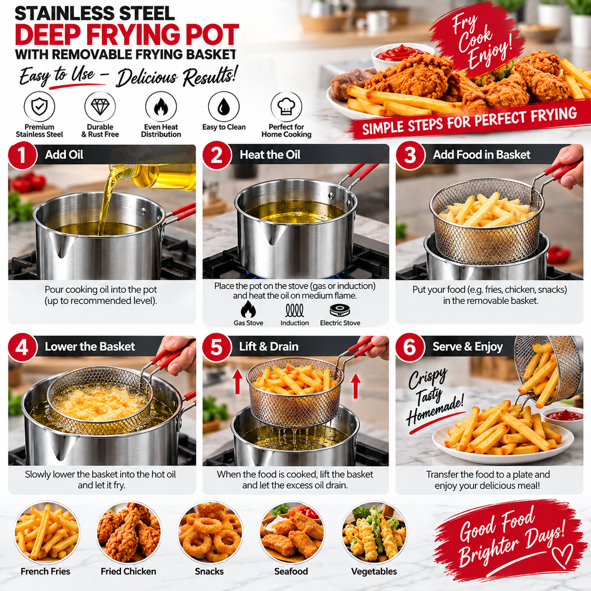 Premium Stainless Steel Deep Frying Pot with Removable Frying Basket