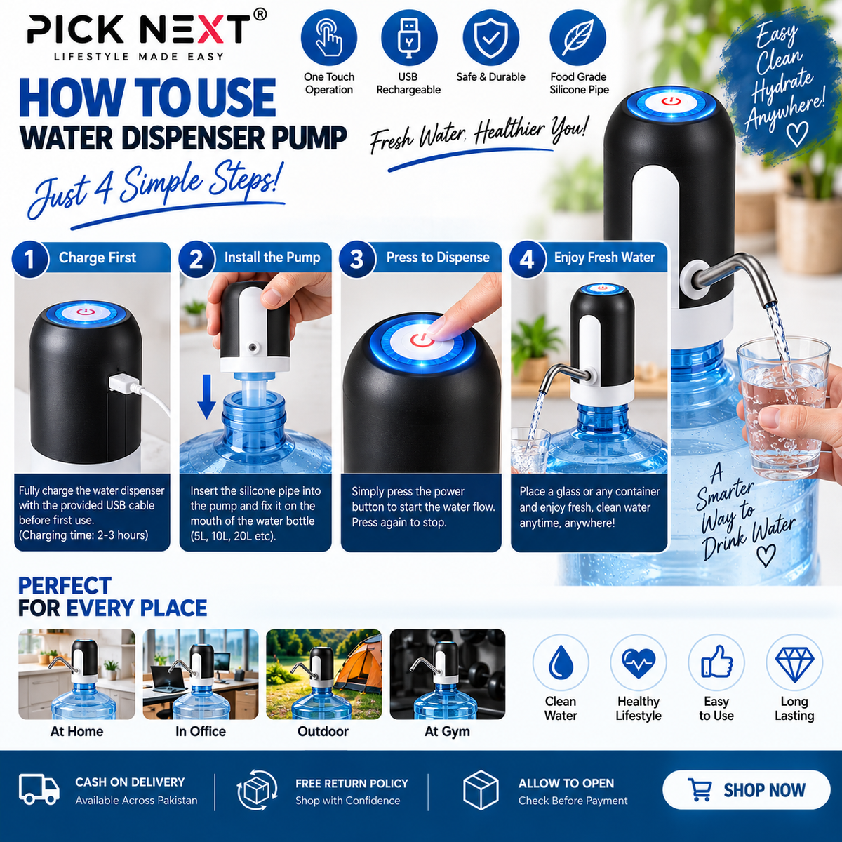 One touch USB rechargeable water dispenser pump – photo 2
