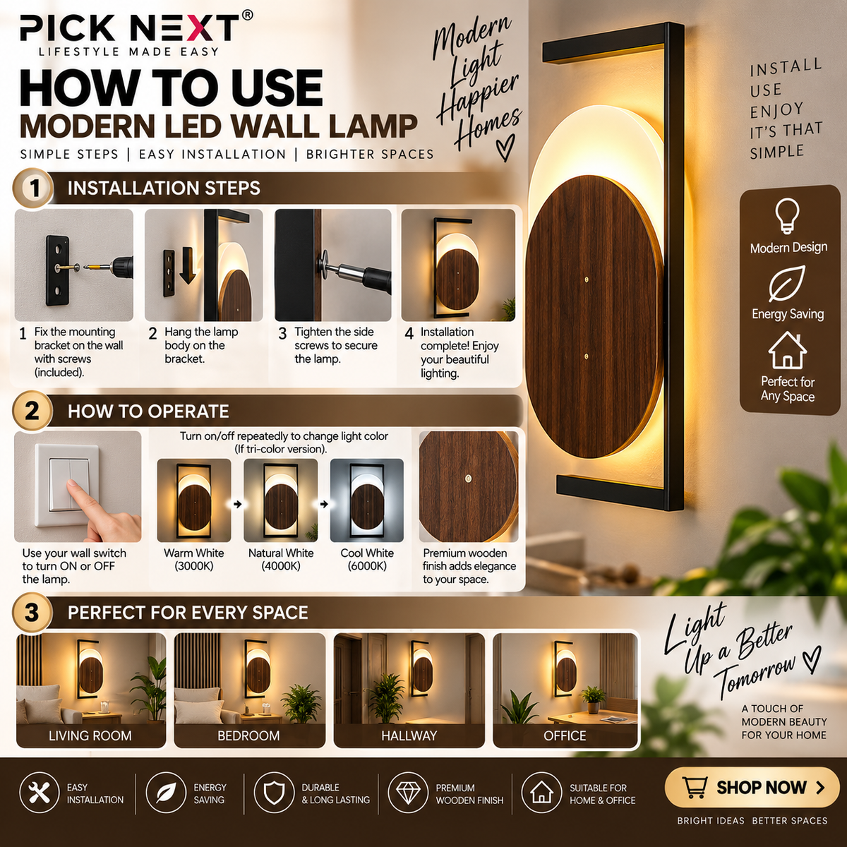 Luxury LED Wall Lamp – Modern Wooden Design