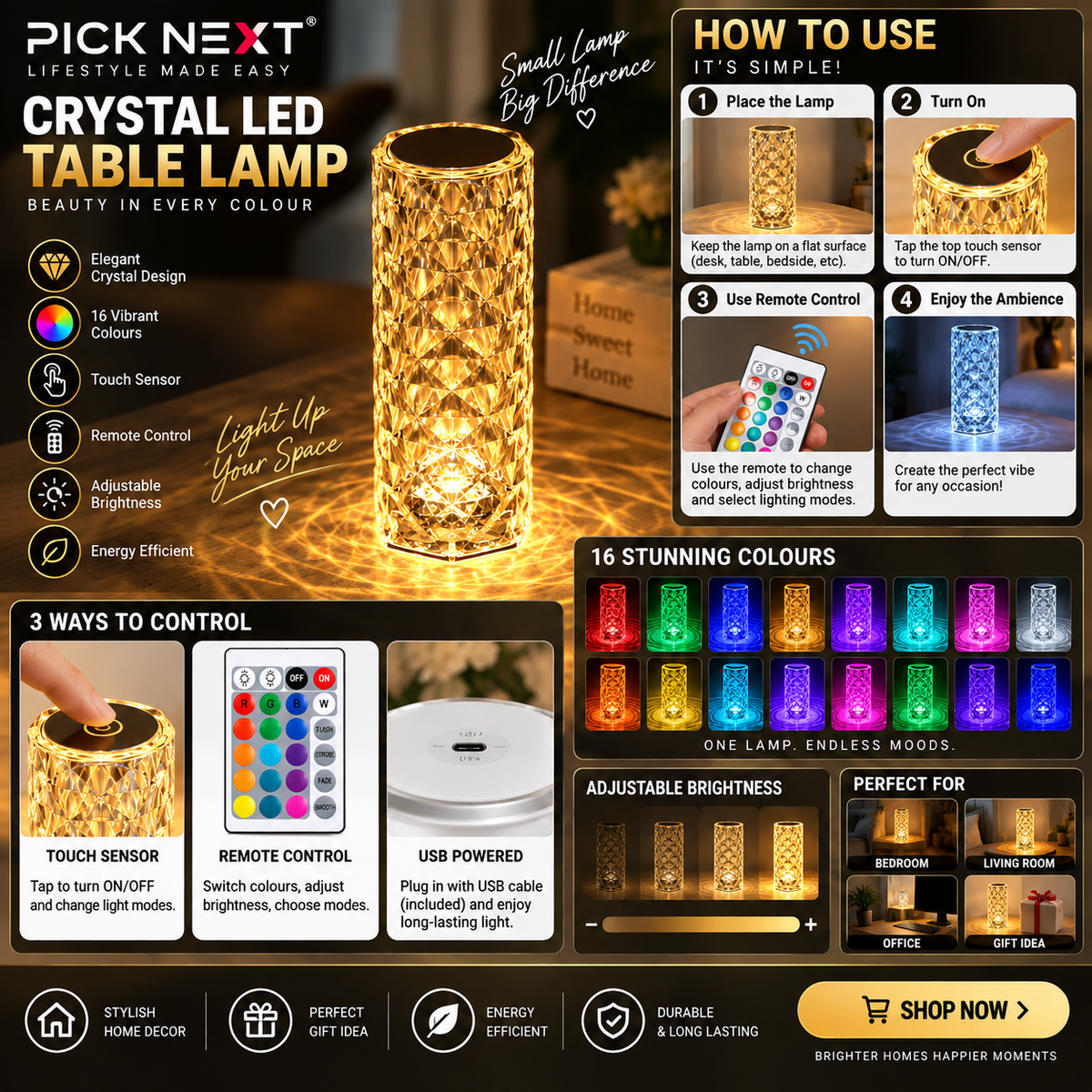 Crystal LED table lamp with RGB colours and remote – photo 2