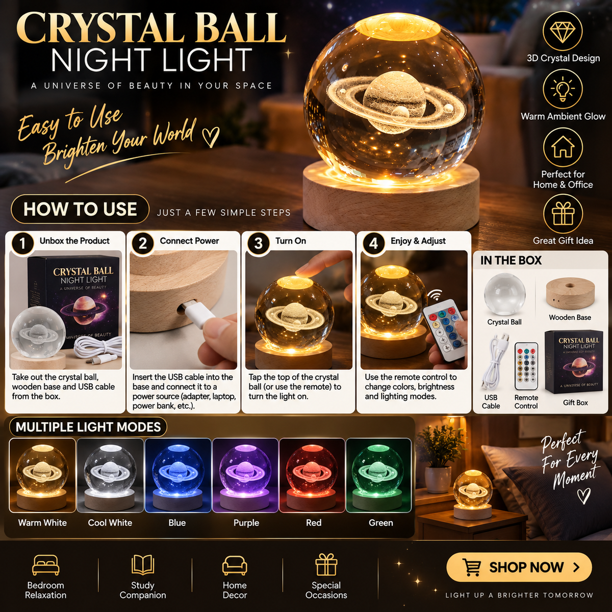 3D galaxy crystal ball night light on wooden base – photo 2
