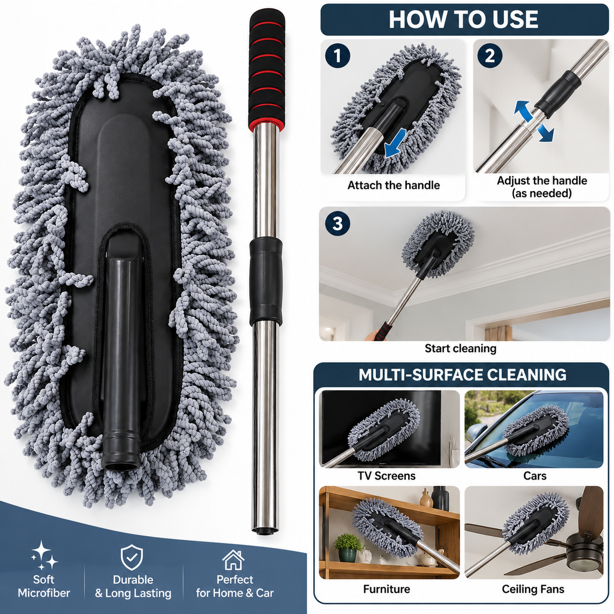 **Premium Microfiber Cleaning Duster with Extendable Handle**
