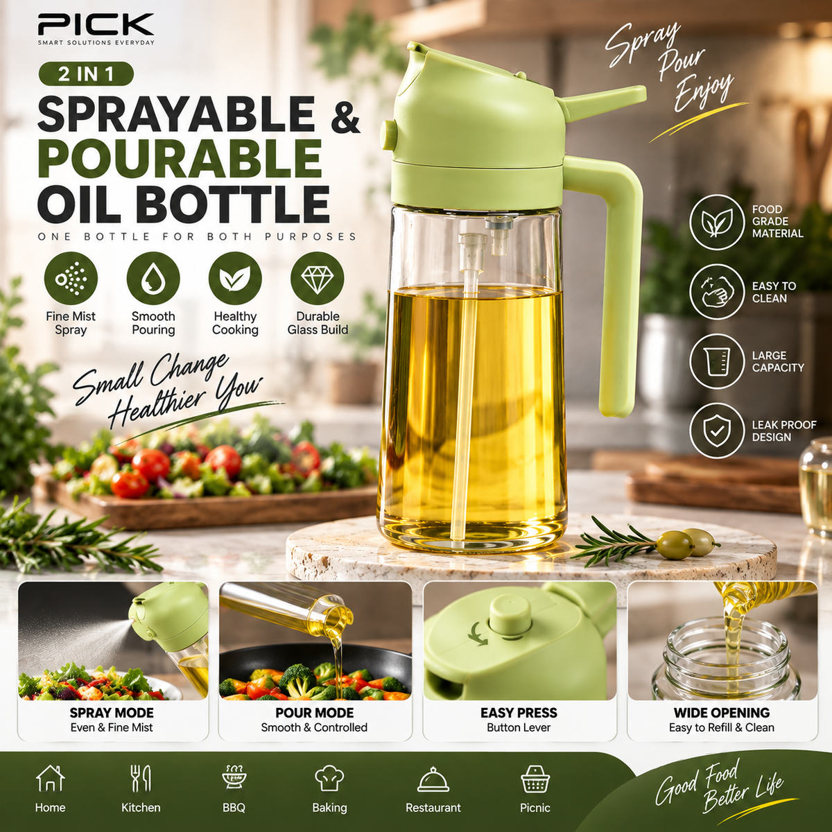 Spray & Pour Oil Bottle – Multipurpose Glass Cooking Oil Dispenser with Fine Mist Sprayer