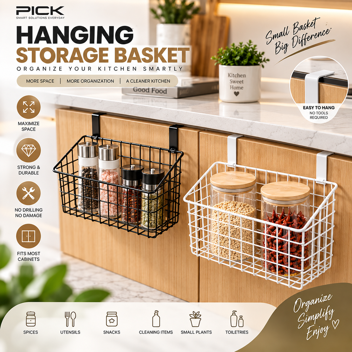 Hanging Storage Basket – Space-Saving Over Cabinet Organizer for Kitchen, Bathroom & Home