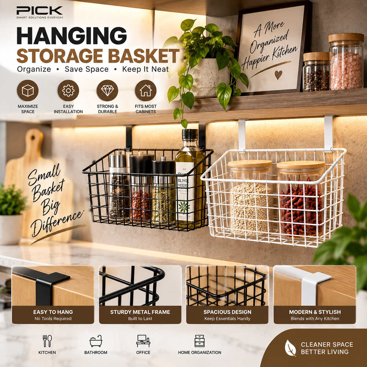 Hanging Storage Basket – Space-Saving Over Cabinet Organizer for Kitchen, Bathroom & Home