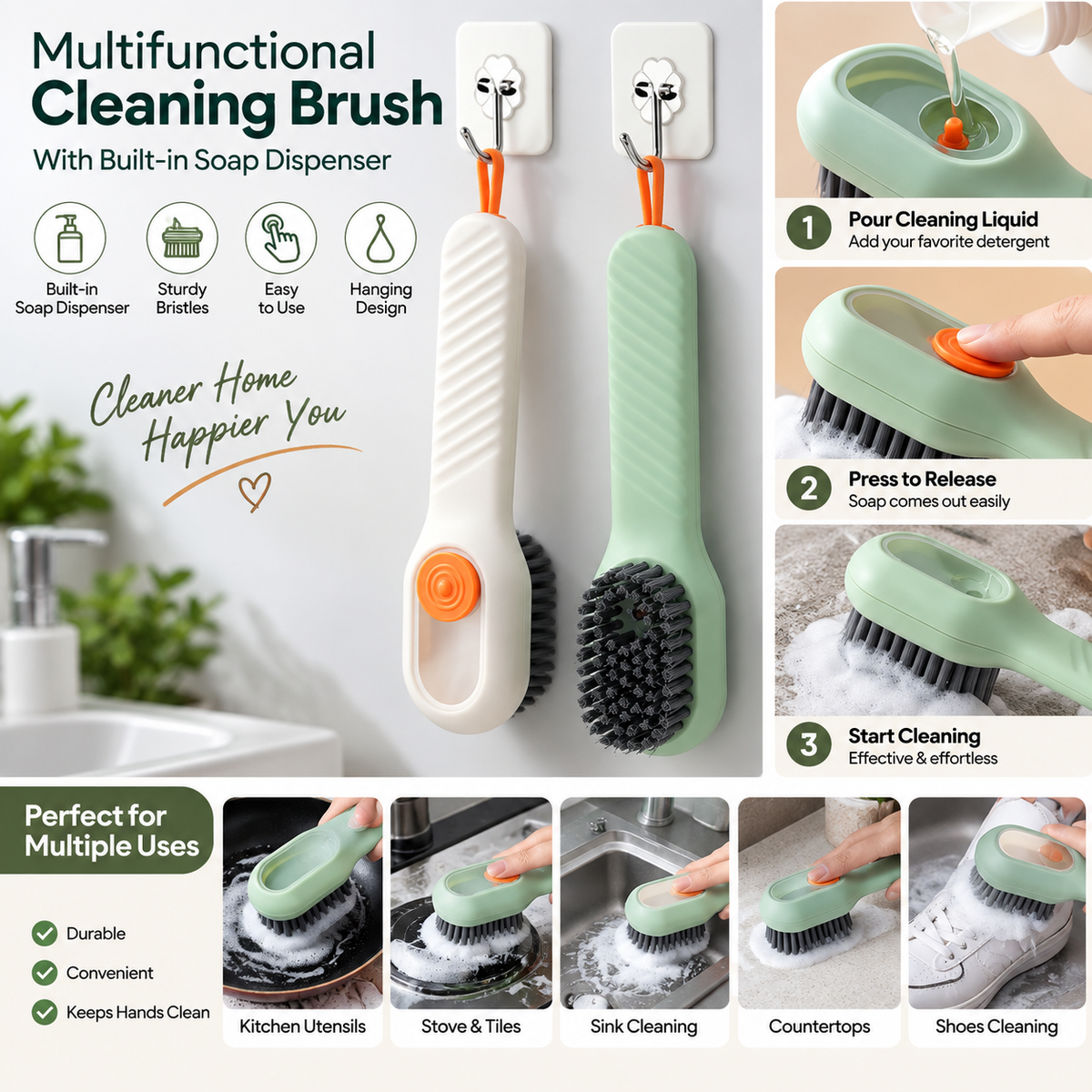 Multifunctional Soap Dispensing Cleaning Brush – Kitchen & Home Scrubber