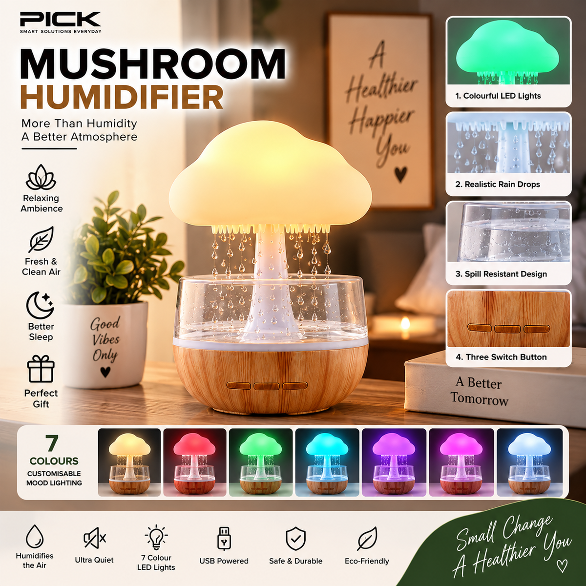 Mushroom Rain Humidifier – 7-Color LED Mood Light with Relaxing Rain Drop Effect