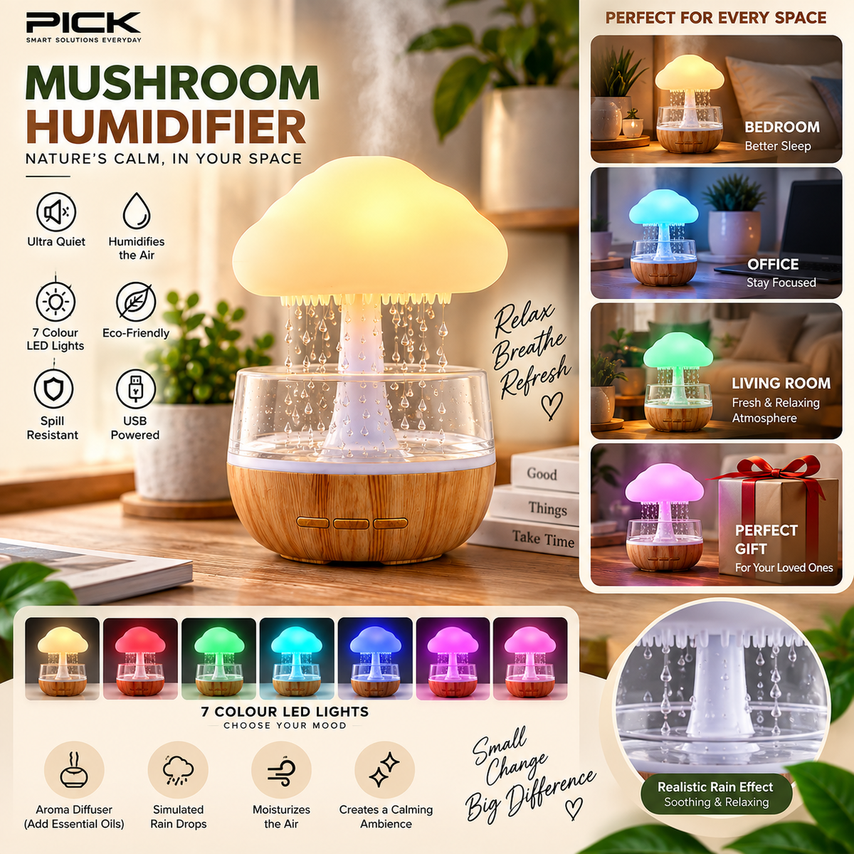 Mushroom Rain Humidifier – 7-Color LED Mood Light with Relaxing Rain Drop Effect