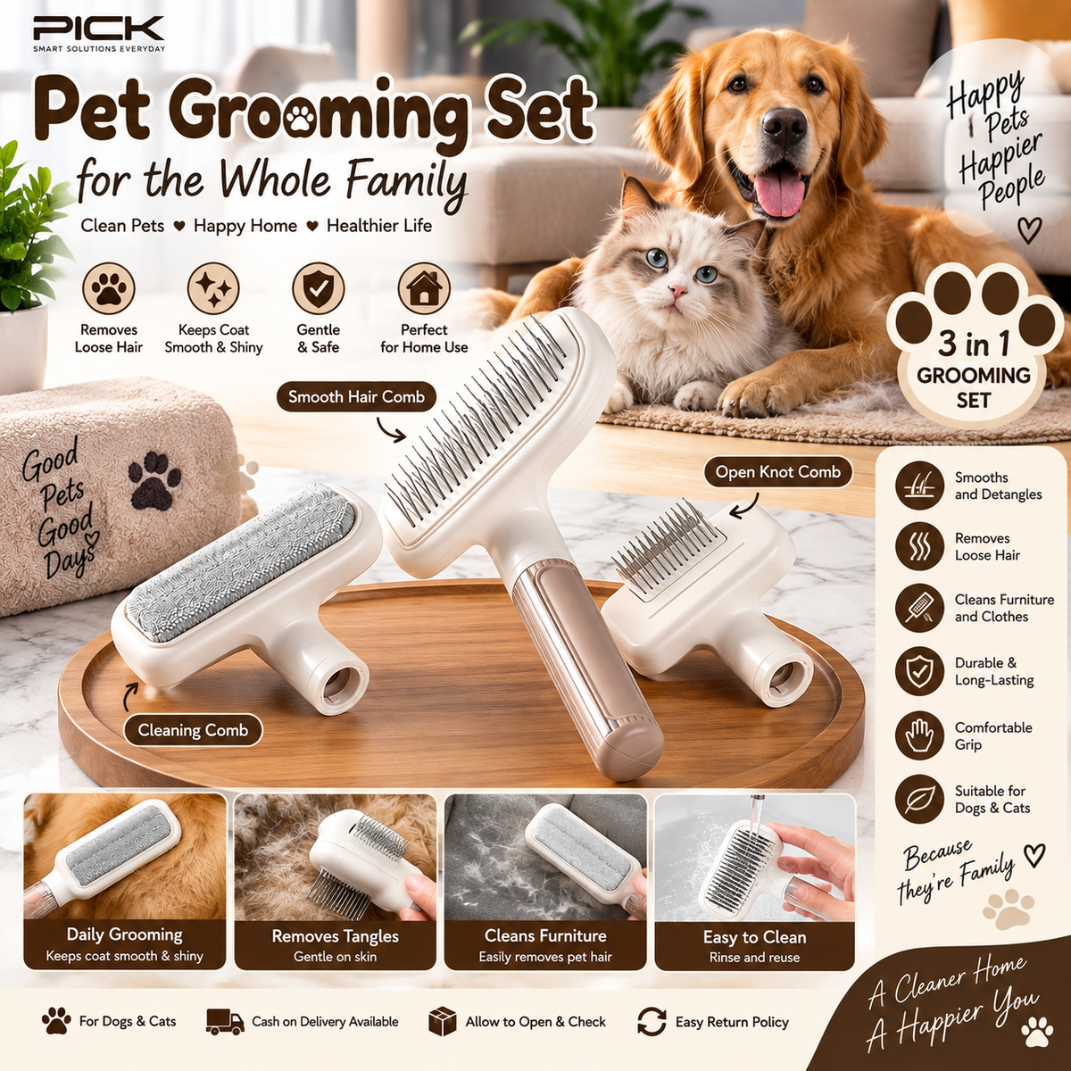 Pet Grooming Set – Dog & Cat Hair Removal, Detangling & Cleaning Brushes