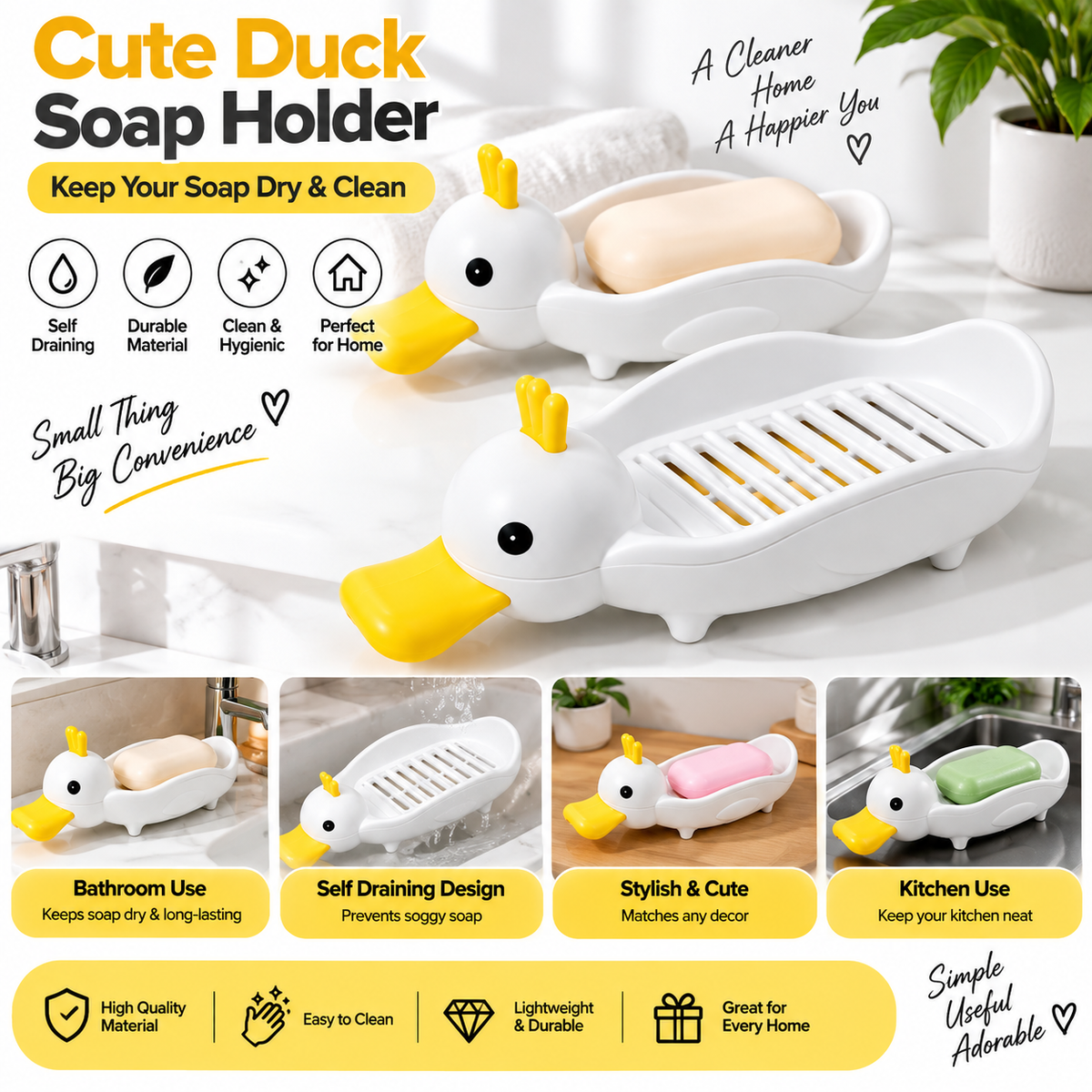 Cute Duck Soap Holder – Self-Draining Bathroom & Kitchen Soap Dish